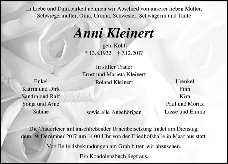  Traueranzeige für Anni Kleinert vom 16.12.2017 aus VRM Trauer