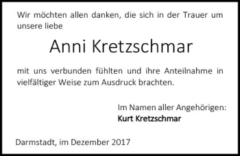 Traueranzeige von Anni Kretzschmar von Trauerportal Echo Online