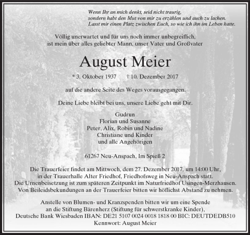  Traueranzeige für August Meier vom 20.12.2017 aus  Usinger Anzeiger