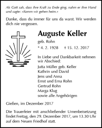 Traueranzeige von Auguste Keller von  Gießener Anzeiger