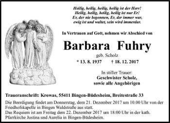 Traueranzeige von Barbara Fuhry von Trauerportal Rhein Main Presse