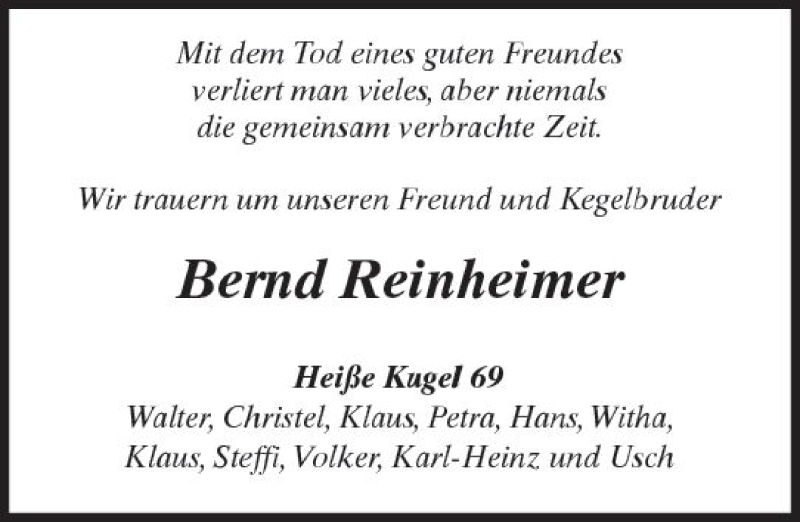  Traueranzeige für Bernd Reinheimer vom 27.12.2017 aus Trauerportal Echo Online