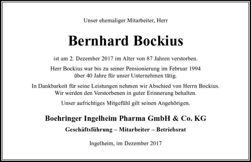  Traueranzeige für Bernhard Bockius vom 23.12.2017 aus Trauerportal Rhein Main Presse
