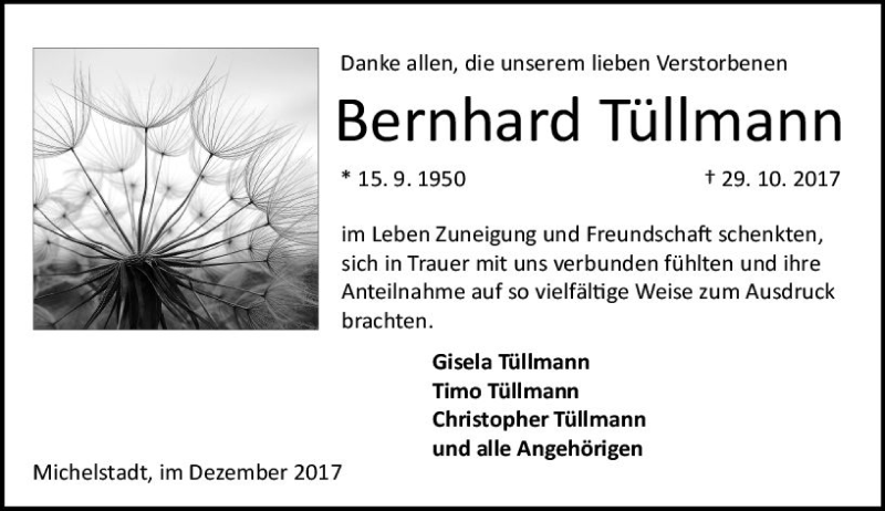  Traueranzeige für Bernhard Tüllmann vom 02.12.2017 aus Trauerportal Echo Online