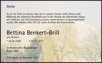 Traueranzeige von Bettina Benkert-Brill von Trauerportal Echo Online