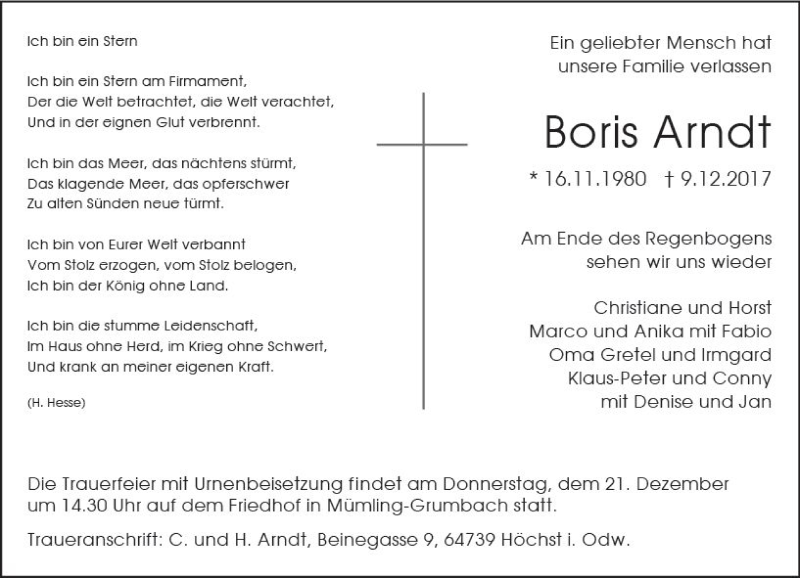  Traueranzeige für Boris Arndt vom 16.12.2017 aus Trauerportal Echo Online