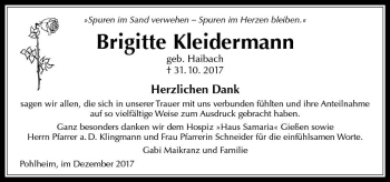 Traueranzeige von Brigitte Kleidermann von  Gießener Anzeiger