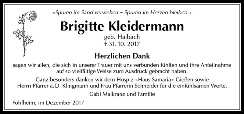  Traueranzeige für Brigitte Kleidermann vom 02.12.2017 aus  Gießener Anzeiger