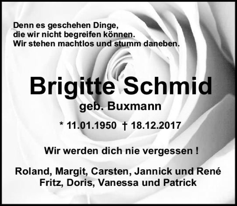  Traueranzeige für Brigitte Schmid vom 23.12.2017 aus Trauerportal Echo Online