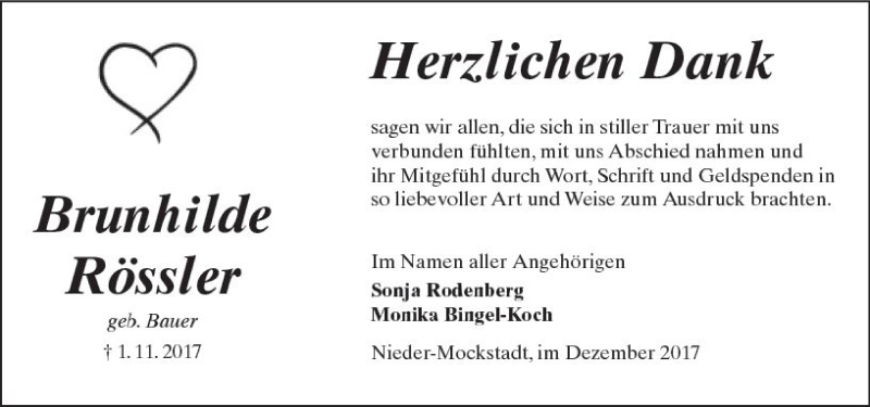  Traueranzeige für Brunhilde Rössler vom 23.12.2017 aus  Kreisanzeiger