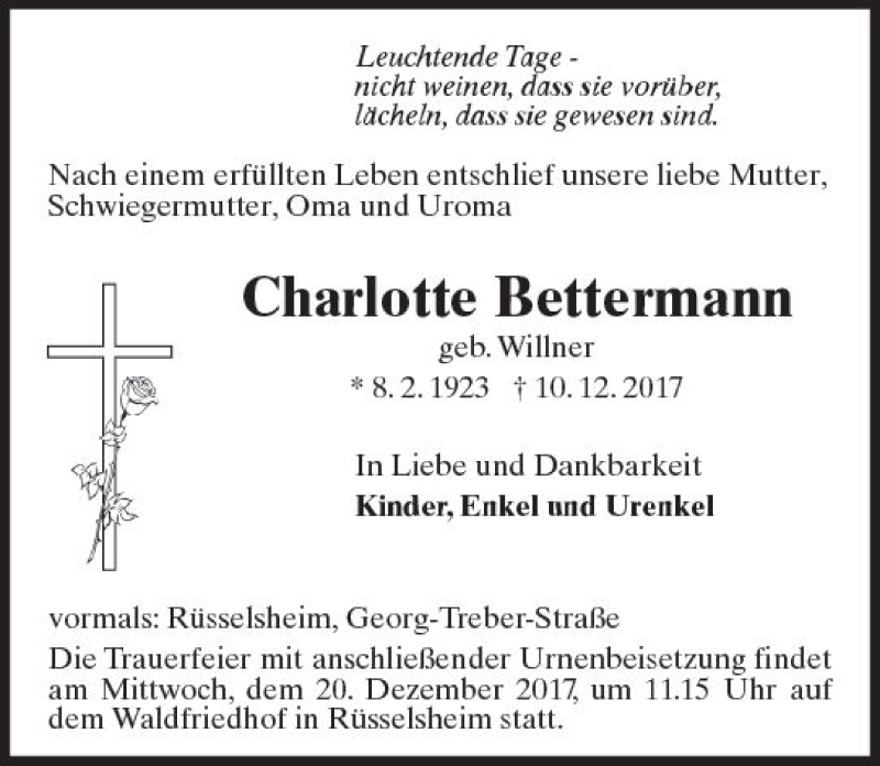  Traueranzeige für Charlotte Bettermann vom 16.12.2017 aus Trauerportal Rhein Main Presse