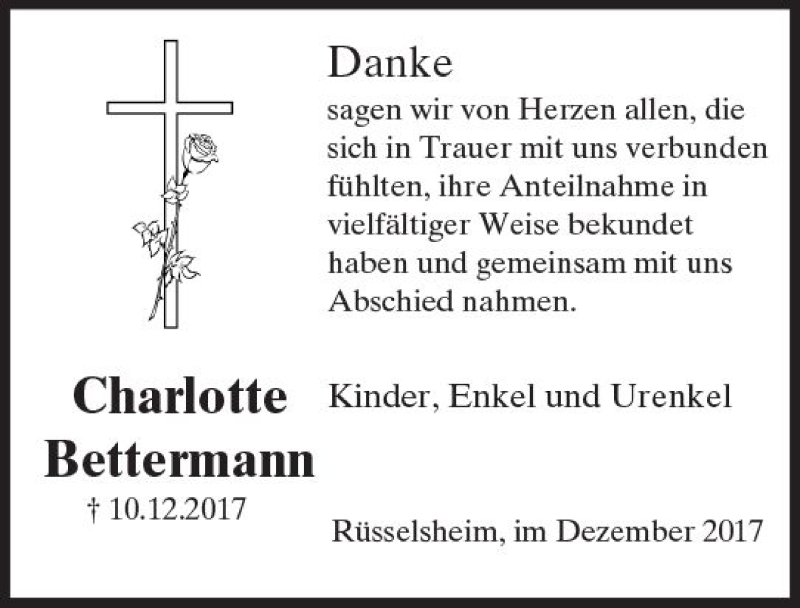  Traueranzeige für Charlotte Bettermann vom 30.12.2017 aus Trauerportal Rhein Main Presse