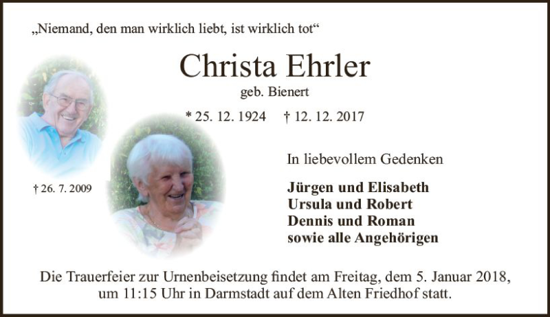  Traueranzeige für Christa Ehrler vom 30.12.2017 aus Trauerportal Echo Online