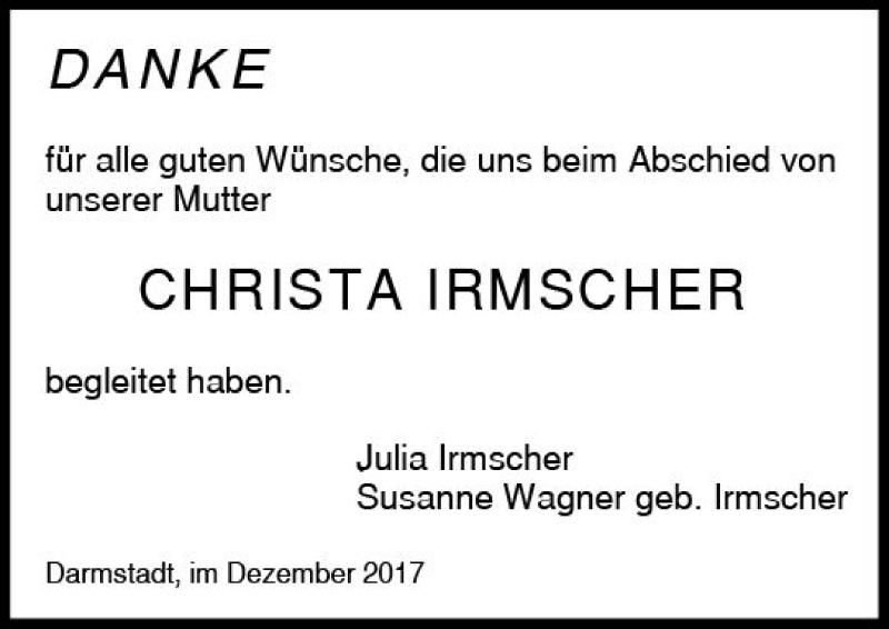  Traueranzeige für Christa Irmscher vom 02.12.2017 aus Trauerportal Echo Online