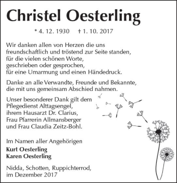 Traueranzeige von Christel Oesterling von  Kreisanzeiger