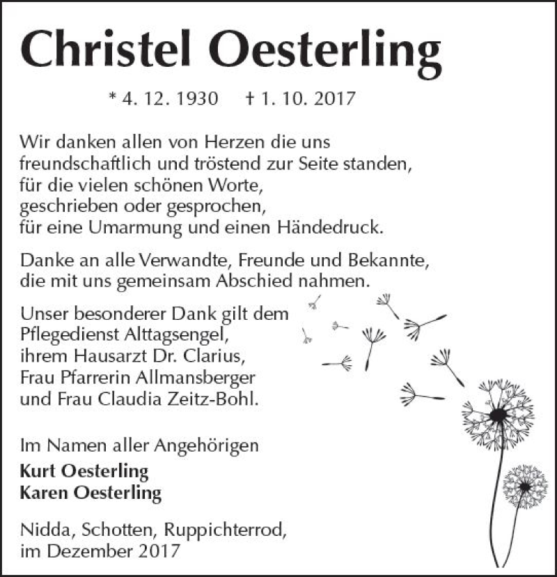  Traueranzeige für Christel Oesterling vom 16.12.2017 aus  Kreisanzeiger