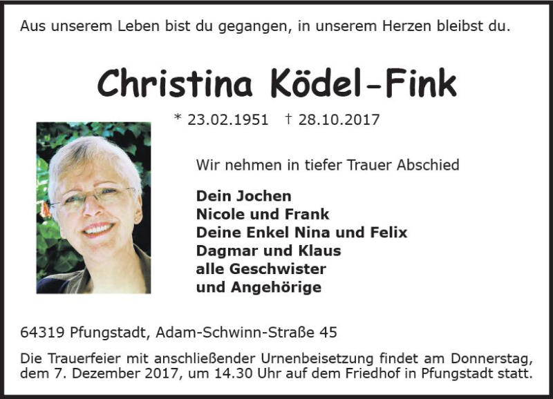  Traueranzeige für Christina Ködel-Fink vom 02.12.2017 aus Trauerportal Echo Online