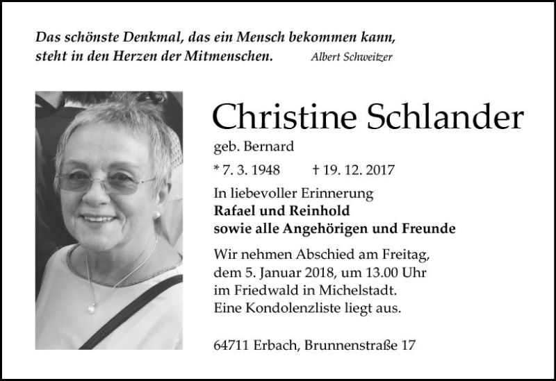  Traueranzeige für Christine Schlander vom 30.12.2017 aus Trauerportal Echo Online