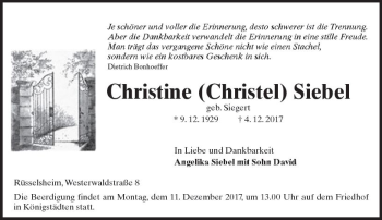 Traueranzeige von Christine Christel Siebel von Trauerportal Rhein Main Presse