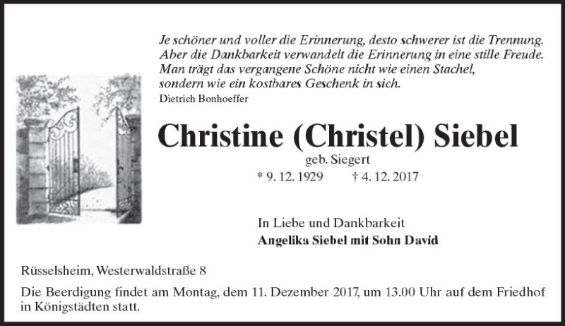  Traueranzeige für Christine Christel Siebel vom 07.12.2017 aus Trauerportal Rhein Main Presse