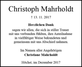 Traueranzeige von Christoph Mahrholdt von Trauerportal Echo Online