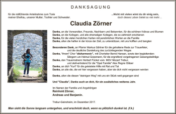 Traueranzeige von Claudia Zörner von Trauerportal Echo Online