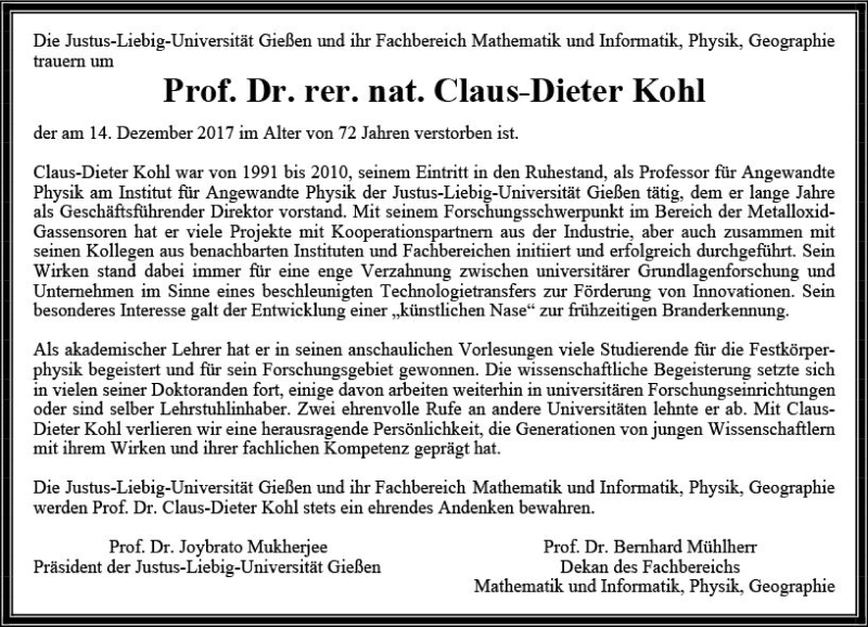  Traueranzeige für Claus-Dieter Kohl vom 23.12.2017 aus  Gießener Anzeiger