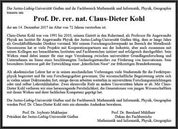 Traueranzeige von Claus-Dieter Kohl von  Gießener Anzeiger