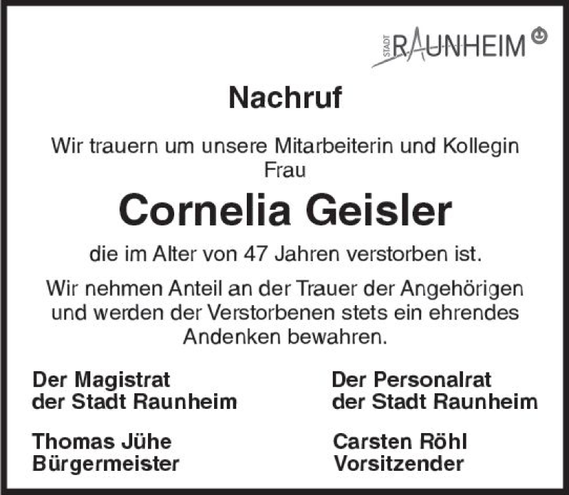  Traueranzeige für Cornelia Geisler vom 08.12.2017 aus Trauerportal Rhein Main Presse