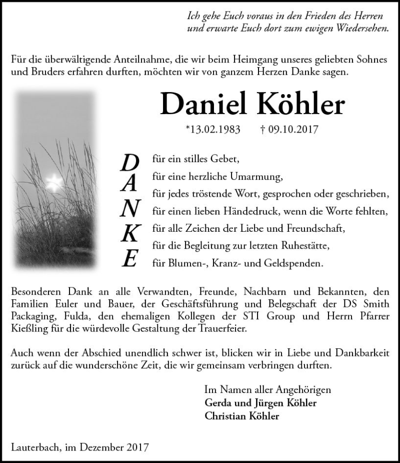  Traueranzeige für Daniel Köhler vom 30.12.2017 aus VRM Trauer