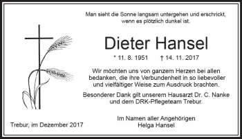 Traueranzeige von Dieter Hansel von VRM Trauer