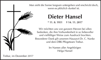 Traueranzeige von Dieter Hansel von Trauerportal Echo Online