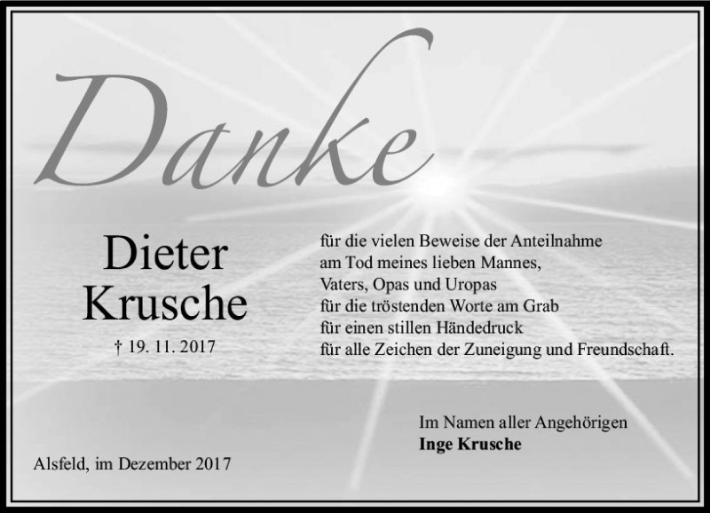  Traueranzeige für Dieter Krusche vom 23.12.2017 aus VRM Trauer