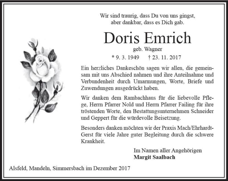  Traueranzeige für Doris Emrich vom 23.12.2017 aus VRM Trauer