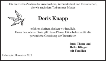 Traueranzeige von Doris Knapp von Trauerportal Echo Online