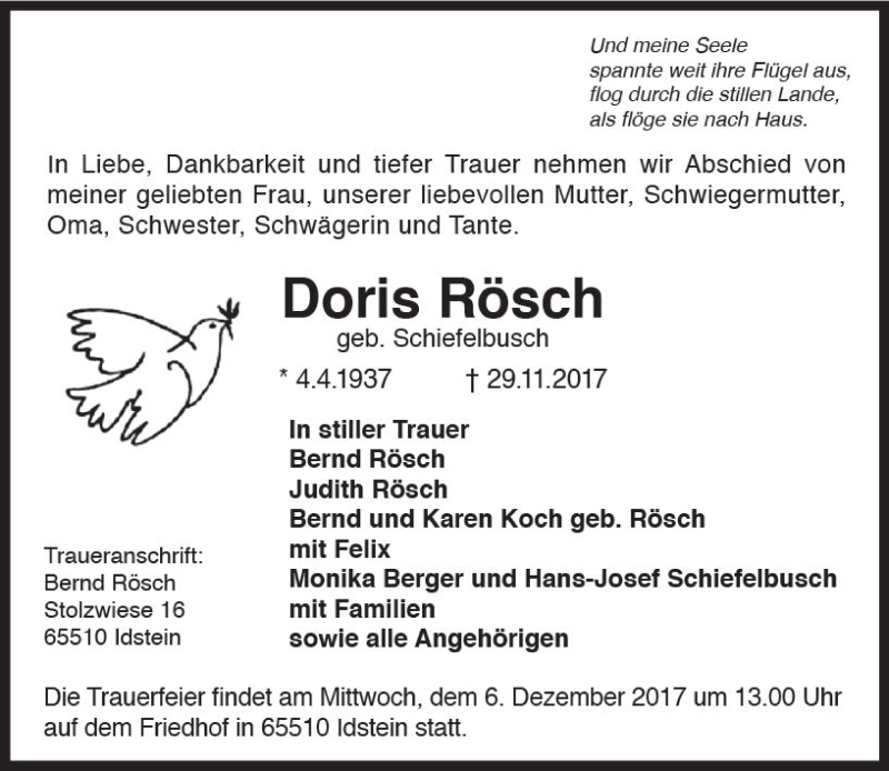 Traueranzeige für Doris Rösch vom 02.12.2017 aus Trauerportal Rhein Main Presse