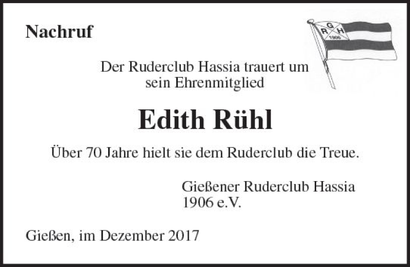  Traueranzeige für Edith Rühl vom 02.12.2017 aus  Gießener Anzeiger