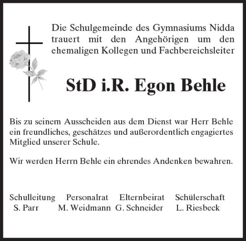  Traueranzeige für Egon Behle vom 09.12.2017 aus  Kreisanzeiger
