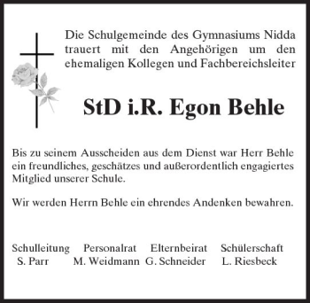 Traueranzeige von Egon Behle von  Kreisanzeiger