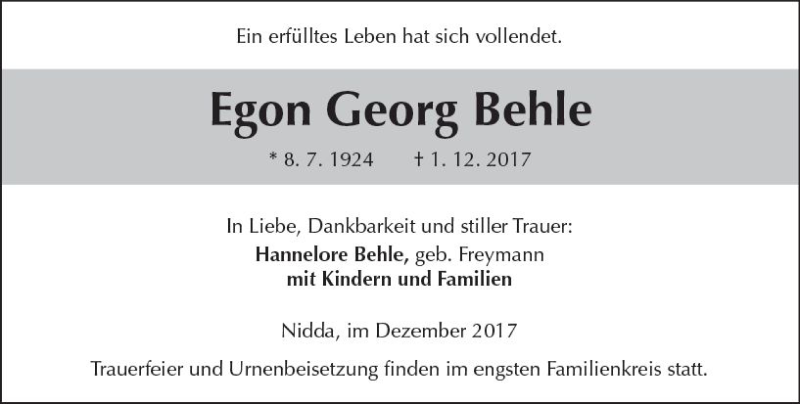  Traueranzeige für Egon Georg Behle vom 09.12.2017 aus  Kreisanzeiger