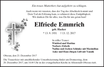 Traueranzeige von Elfriede Emmrich von  Kreisanzeiger