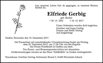 Traueranzeige von Elfriede Gerbig von  Gießener Anzeiger