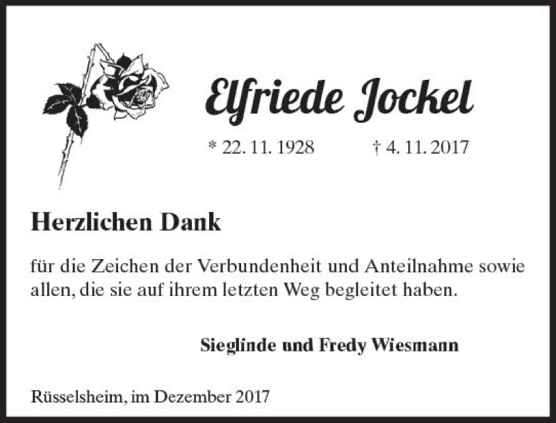  Traueranzeige für Elfriede Jockel vom 02.12.2017 aus Trauerportal Rhein Main Presse