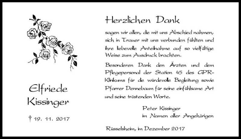  Traueranzeige für Elfriede Kissinger vom 23.12.2017 aus Trauerportal Rhein Main Presse