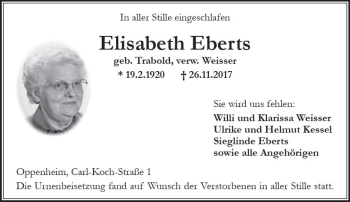 Traueranzeige von Elisabeth Eberts von Trauerportal Rhein Main Presse