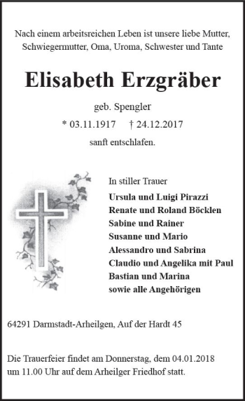 Traueranzeige von Elisabeth Erzgräber von Trauerportal Echo Online