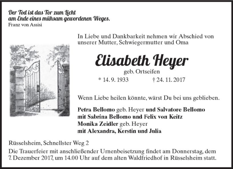  Traueranzeige für Elisabeth Heyer vom 02.12.2017 aus Trauerportal Rhein Main Presse