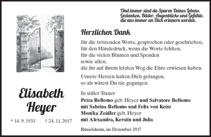  Traueranzeige für Elisabeth Heyer vom 16.12.2017 aus Trauerportal Rhein Main Presse