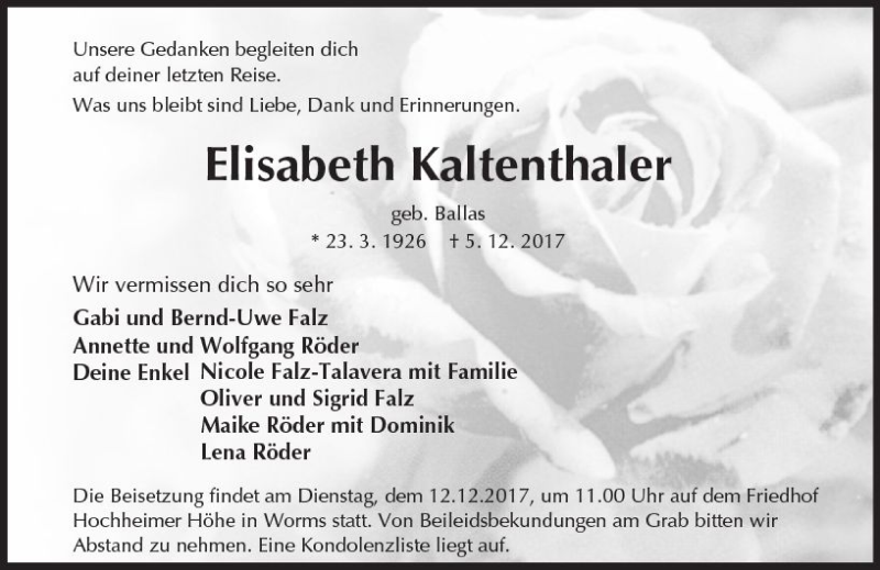  Traueranzeige für Elisabeth Kaltenthaler vom 09.12.2017 aus Trauerportal Rhein Main Presse