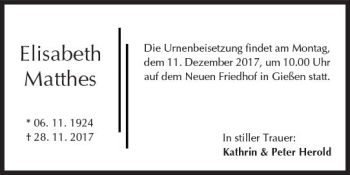 Traueranzeige von Elisabeth Matthes von  Gießener Anzeiger